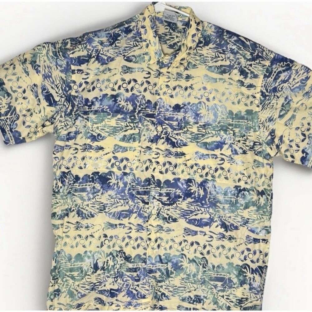 Rum Reggae Yellow Green Blue Tuna Fish Squid Short Sleeve Aloha Shirt Mens Large